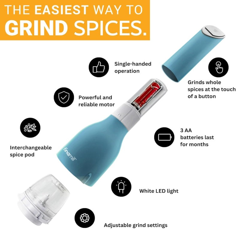 FinaMill Grey Battery Operated Spice Grinder with 2 Interchangeable Pods