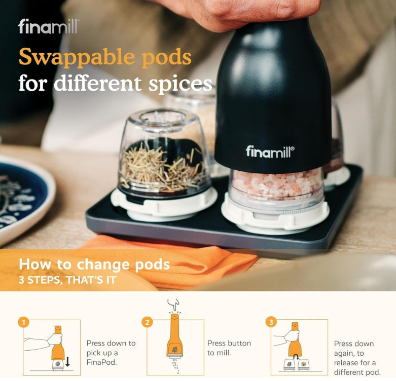 FinaMill Stone Grey Rechargeable Spice Grinder with 2 Interchangeable Pods by Kitchen Niche