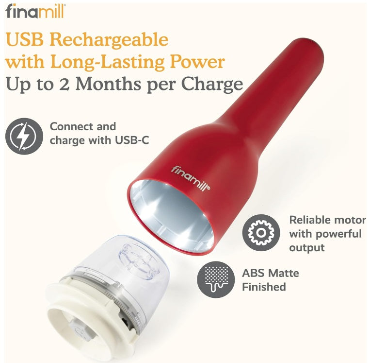 FinaMill Sangria Red Rechargeable Spice Grinder with 2 Interchangeable Pods