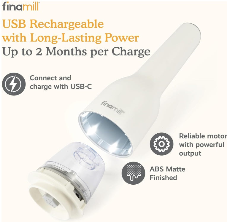 FinaMill Soft Cream White Rechargeable Spice Grinder with 2 Interchangeable Pods