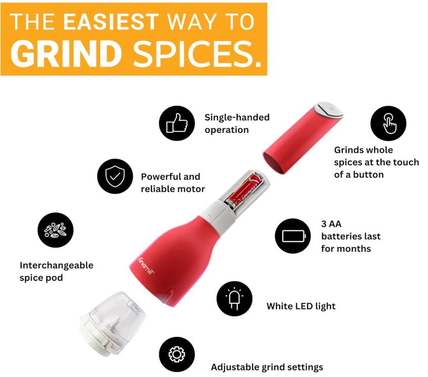 FinaMill Red Battery Operated Spice Grinder with 2 Interchangeable Pods