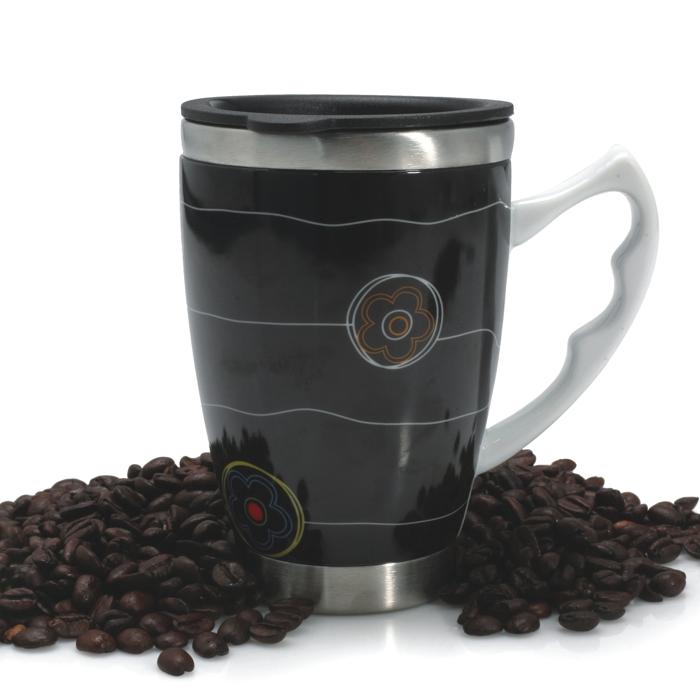 Danesco Double-Walled Mug With Lid – 14 oz – Black Floral Danesco by Kitchen Niche