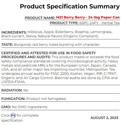 Metropolitan Tea M21 Berry Berry Tea Can Of 24 Bags by Kitchen Niche