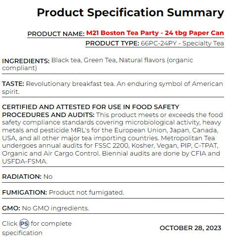 Metropolitan Tea M21 Boston Tea Party Tea Can Of 24 Bags by Kitchen Niche