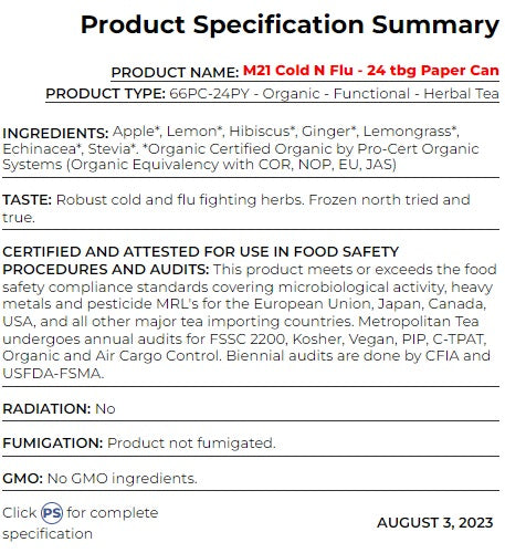 Metropolitan Tea M21 Organic Cold & Flu Tea Can Of 24 Bags by Kitchen Niche