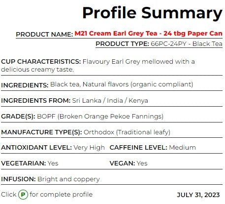 Metropolitan Tea M21 Cream Earl Grey Tea Can Of 24 Bags by Kitchen Niche