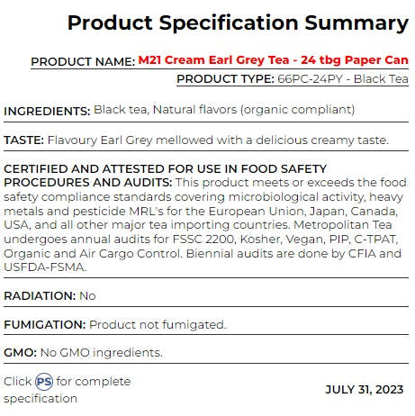 Metropolitan Tea M21 Cream Earl Grey Tea Can Of 24 Bags by Kitchen Niche