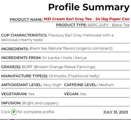 Metropolitan Tea M21 Cream Earl Grey Tea Can Of 24 Bags by Kitchen Niche