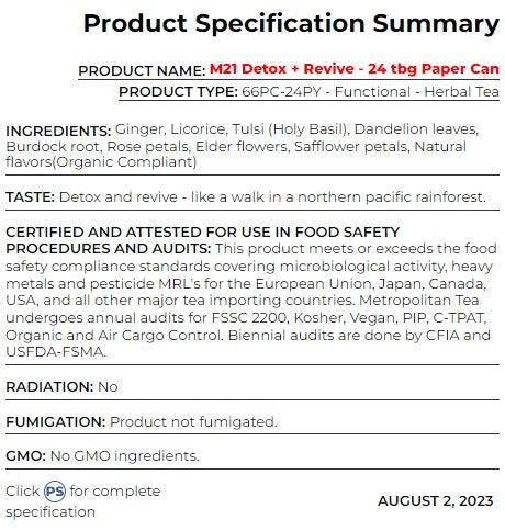 Metropolitan Tea M21 Detox & Revive Tea Can Of 24 Bags by Kitchen Niche