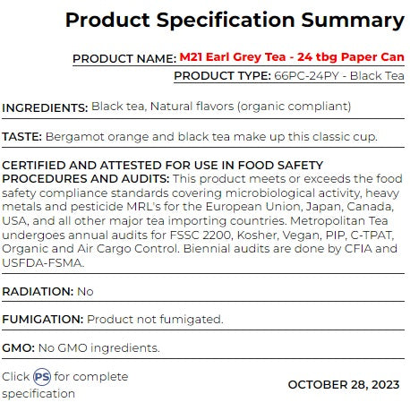 Metropolitan Tea M21 Earl Grey Tea Can Of 24 Bags by Kitchen Niche