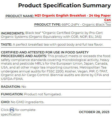 Metropolitan Tea M21 Organic English Breakfast Tea by Kitchen Niche