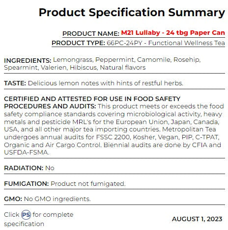 Metropolitan Tea M21 Lullaby Sleep Tea Can Of 24 Bags by Kitchen Niche