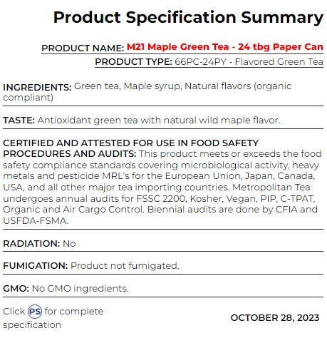 Metropolitan Tea M21 Maple Green Tea Can Of 24 Bags by Kitchen Niche