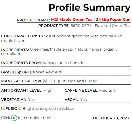 Metropolitan Tea M21 Maple Green Tea Can Of 24 Bags by Kitchen Niche