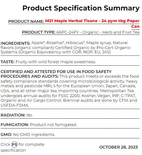 Metropolitan Tea M21 Maple Herbal Tisane Tea Can Of 24 Bags by Kitchen Niche