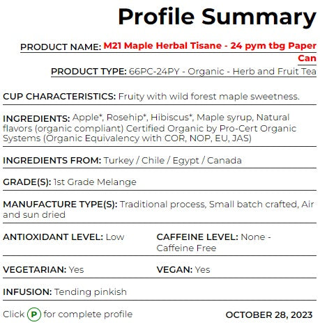 Metropolitan Tea M21 Maple Herbal Tisane Tea Can Of 24 Bags by Kitchen Niche