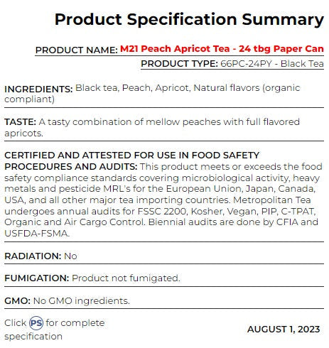 Metropolitan Tea M21 Peach Apricot Tea Can Of 24 Bags by Kitchen Niche