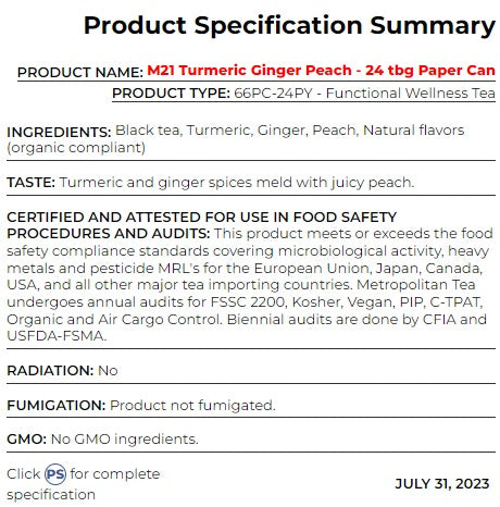 Metropolitan Tea M21 Turmeric Ginger Peach Tea Can Of 24 Bags by Kitchen Niche