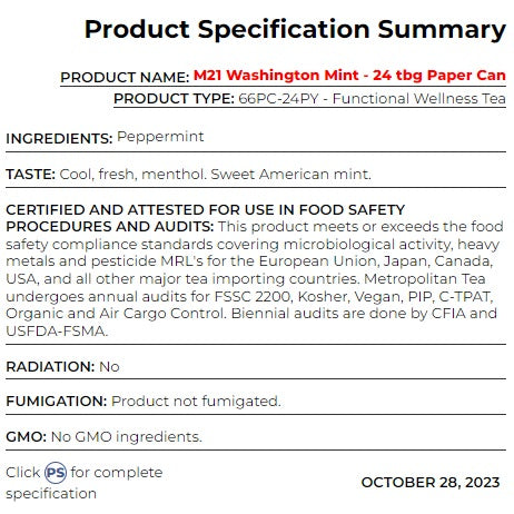 Metropolitan Tea M21 Washington Mint Tea Can Of 24 Bags by Kitchen Niche