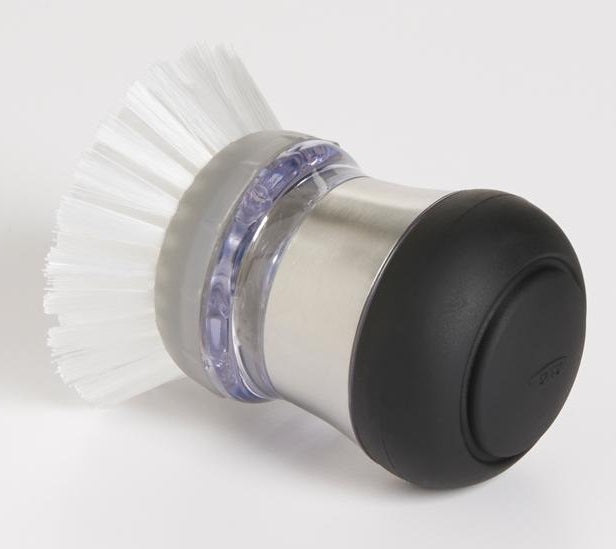 Oxo Steel Soap Dispensing Palm Dish Brush by Kitchen Niche