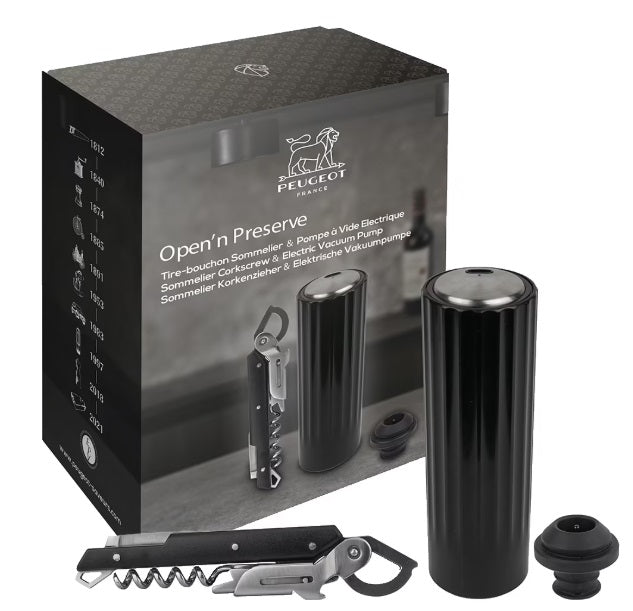 Peugeot Open’n Preserve Electric Vacuum Wine Pump & Corkscrew Gift Set Peugeot by Kitchen Niche