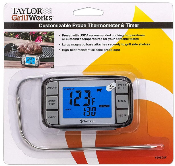 Taylor Customizable Grill Probe Thermometer with Timer by Kitchen Niche